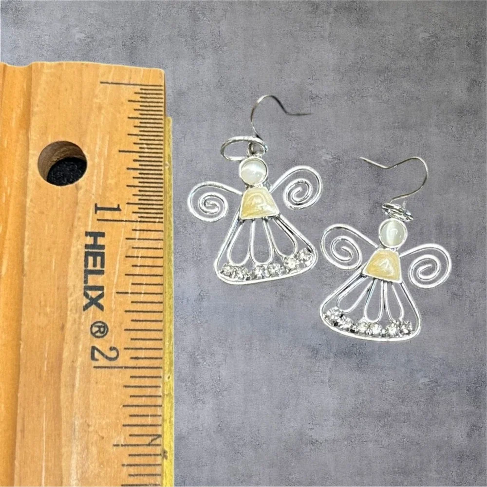 Angel Drop Earrings‎ Womens Silver Tone Yellow Enamle Clear Rhinestone Dangle